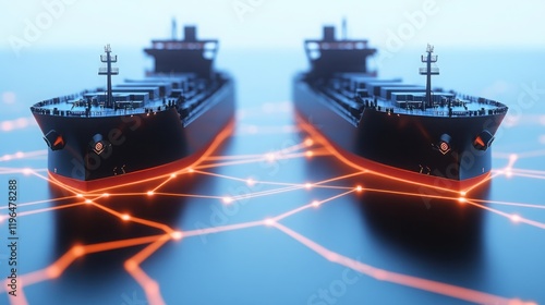 Digital Illustration of Two Modern Cargo Ships Navigating Through Technological Connections on Water Representing Global Trade and Connectivity