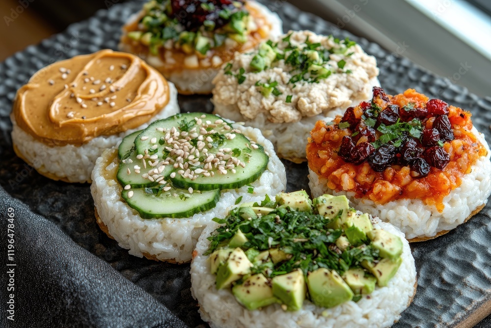 Mini rice cakes showing variety of healthy toppings for vegan or vegetarian diets Mini rice cakes showing variety of healthy toppings for vegan or vegetarian diets