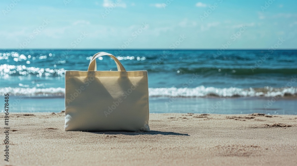 Eco Friendly Tote Bag on Sandy Beach Ocean Background Summer Vacation Eco Friendly Tote Bag on Sandy Beach Ocean Background Summer Vacation
