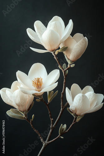 Elegant Magnolia Blossoms Branch Against Dark Background