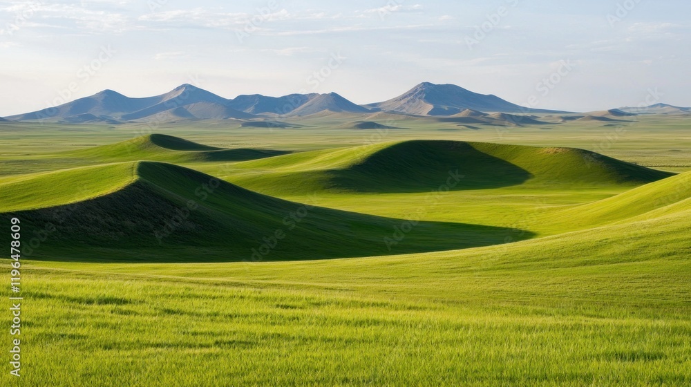 Fototapeta premium Rolling Hills of Grassland under a Sunny Sky