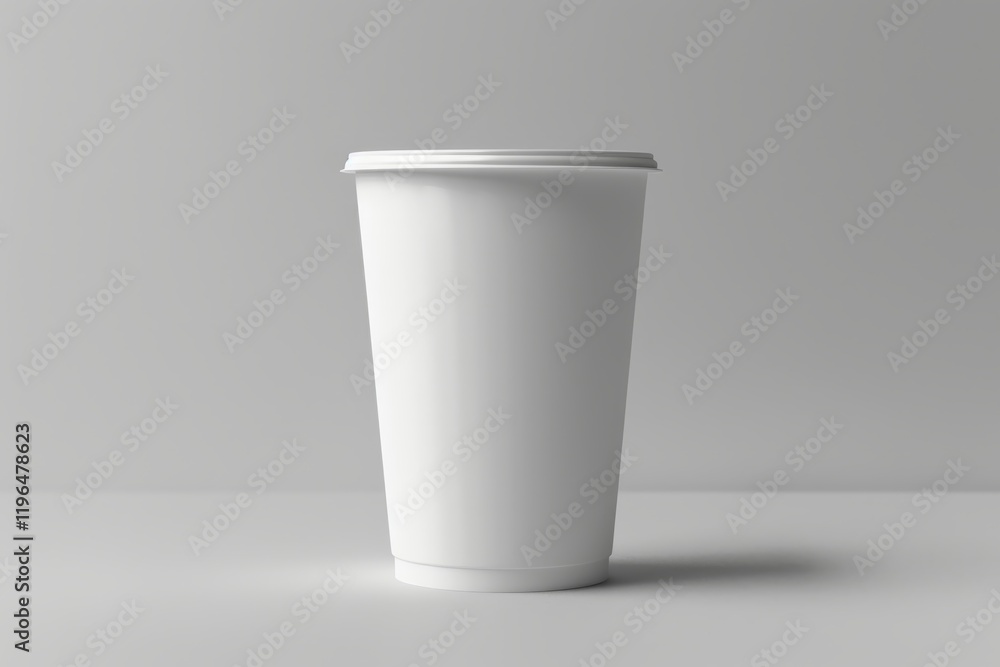 White disposable paper cup with lid on light grey background. White disposable paper cup with lid on light grey background.