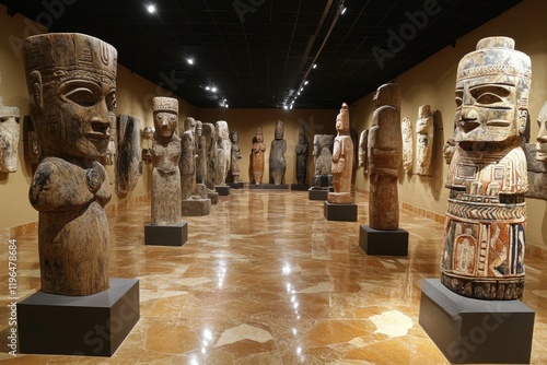 Ancient wooden statues displayed in museum of pre-columbian art, santiago, chile