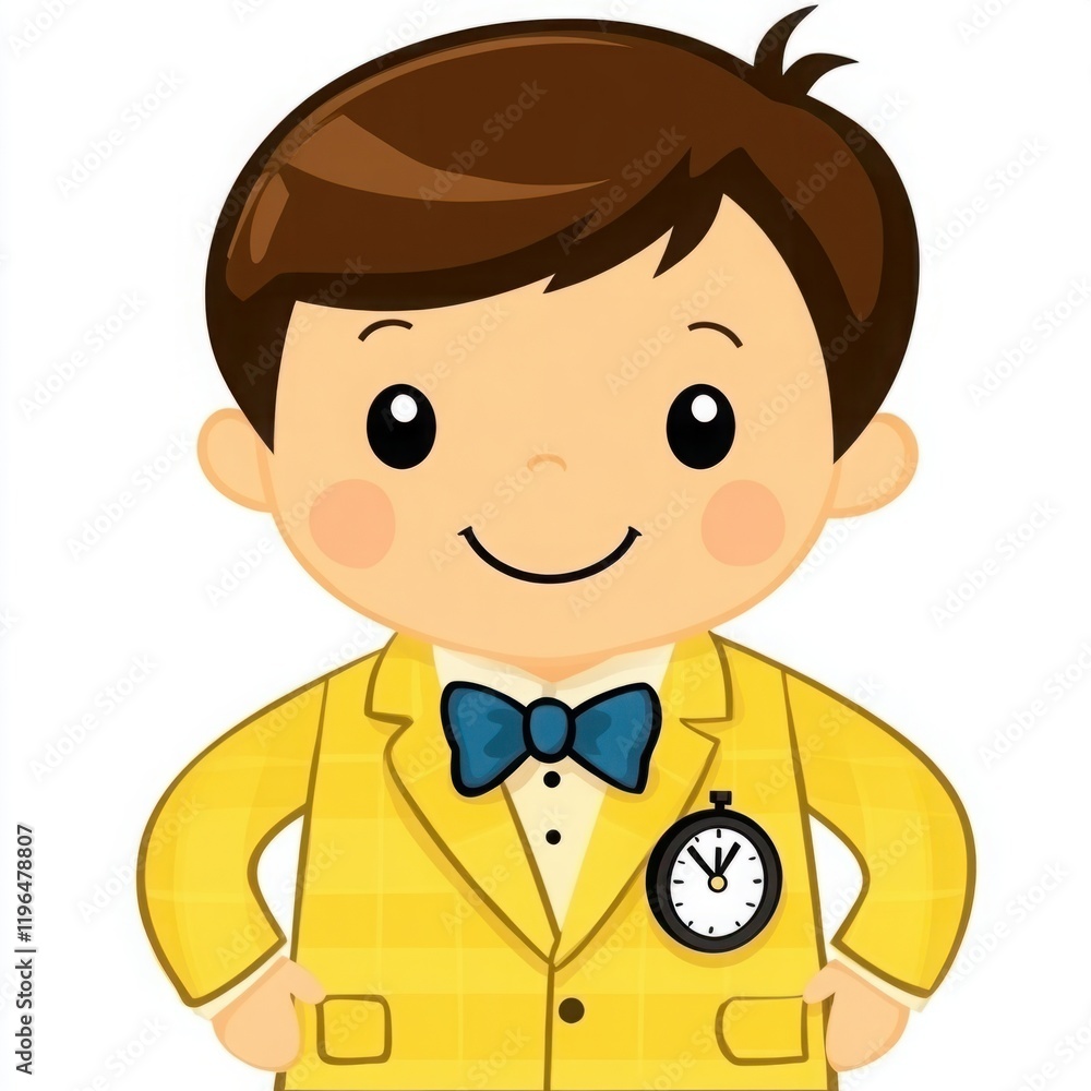 Cheerful Young Boy in Yellow Suit and Bow Tie with Stopwatch Smiling Joyfully, Perfect for Kids' Themes or Educational Content about Time Management Cheerful Young Boy in Yellow Suit and Bow Tie with Stopwatch Smiling Joyfully, Perfect for Kids' Themes or Educational Content about Time Management