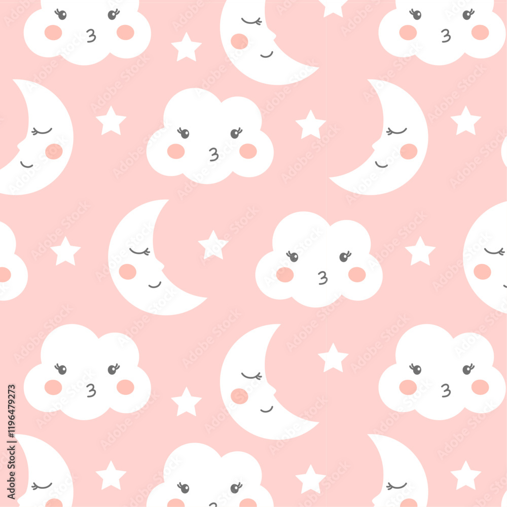 Pink seamless childish with clouds and moon pattern. Pastel night sky dream sleep pattern. Vector illustration design for fabric textile wallpaper background. Pink seamless childish with clouds and moon pattern. Pastel night sky dream sleep pattern. Vector illustration design for fabric textile wallpaper background.