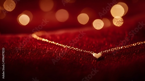 Delicate gold bracelet with tiny heart charm resting on textured fabric with warm bokeh lights in the background photo