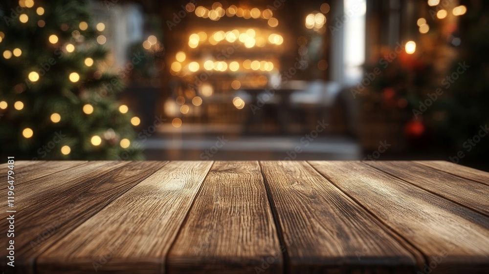 Rustic Wooden Table with Blurred Festive Background Rustic Wooden Table with Blurred Festive Background