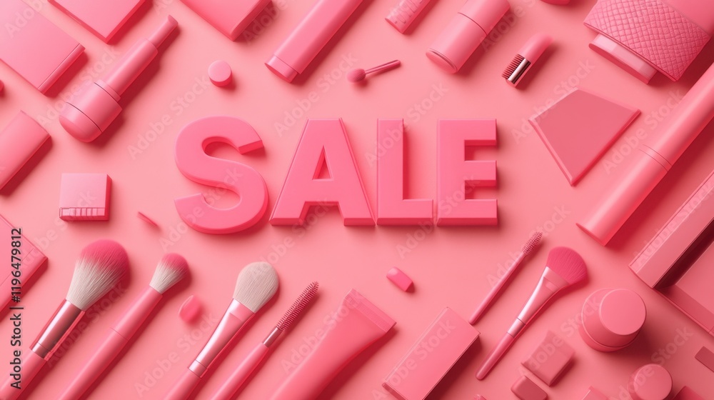 Fototapeta premium SALE in bold pink letters on a pink cosmetic backdrop with lipstick, brushes, and other beauty products. Perfect for marketing banners.