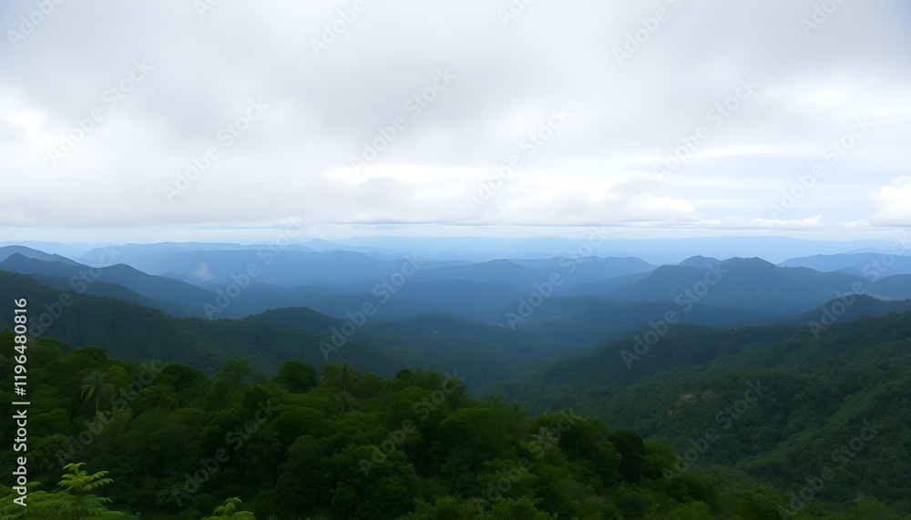 Breathtaking panoramic view of layered mountain forests under a cloudy sky in Mae Hong Son, Thailand, showcasing lush greenery and natural beauty Breathtaking panoramic view of layered mountain forests under a cloudy sky in Mae Hong Son, Thailand, showcasing lush greenery and natural beauty
