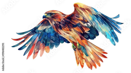 Colorful Artistic Representation of a Flying Hawk with Vibrant Feathers and Dramatic Wing Spread Capturing the Essence of Wildlife and Nature