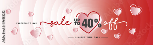 Sale up to 40 percent off handwritten typography lettering. Valentine's Day card. Promotion shopping template on pink magenta blend heart shape background with meny pink love hearts over