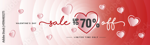 Sale up to 70 percent off handwritten typography lettering. Valentine's Day card. Promotion shopping template on pink magenta blend heart shape background with meny pink love hearts over