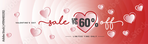 Sale up to 60 percent off handwritten typography lettering. Valentine's Day card. Promotion shopping template on pink magenta blend heart shape background with meny pink love hearts over