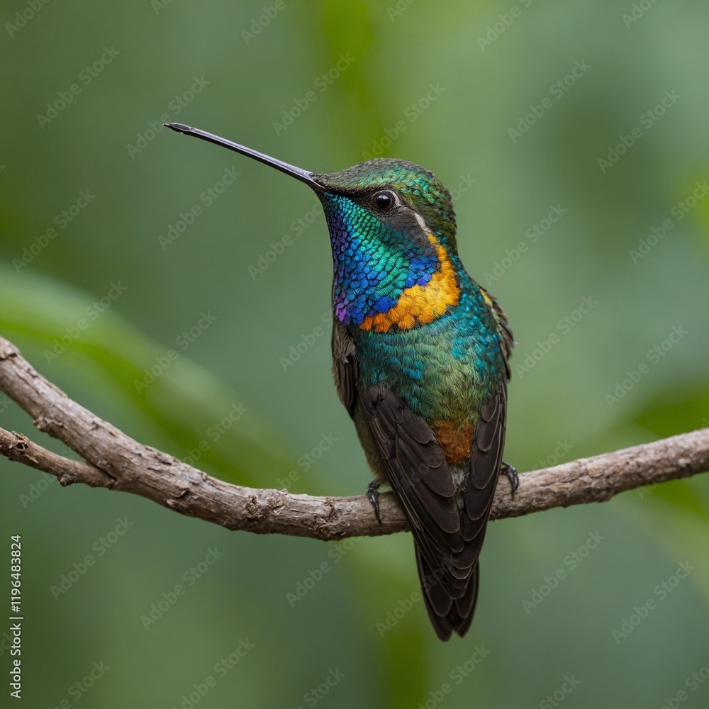 Fototapeta premium A Fiery-throated Hummingbird resting peacefully on an elegant thin branch with its head slightly tilted.