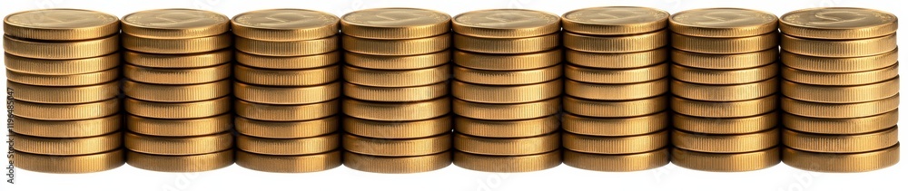 Many stacks of golden cylindrical objects. Many stacks of golden cylindrical objects.