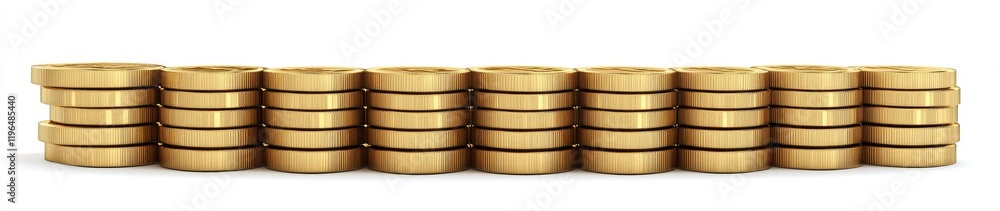 Rows of golden coins stacked on white background. Rows of golden coins stacked on white background.