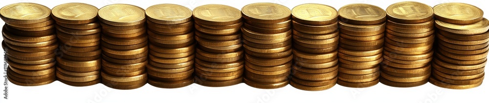 Many stacks of golden coins arranged in a row. Many stacks of golden coins arranged in a row.