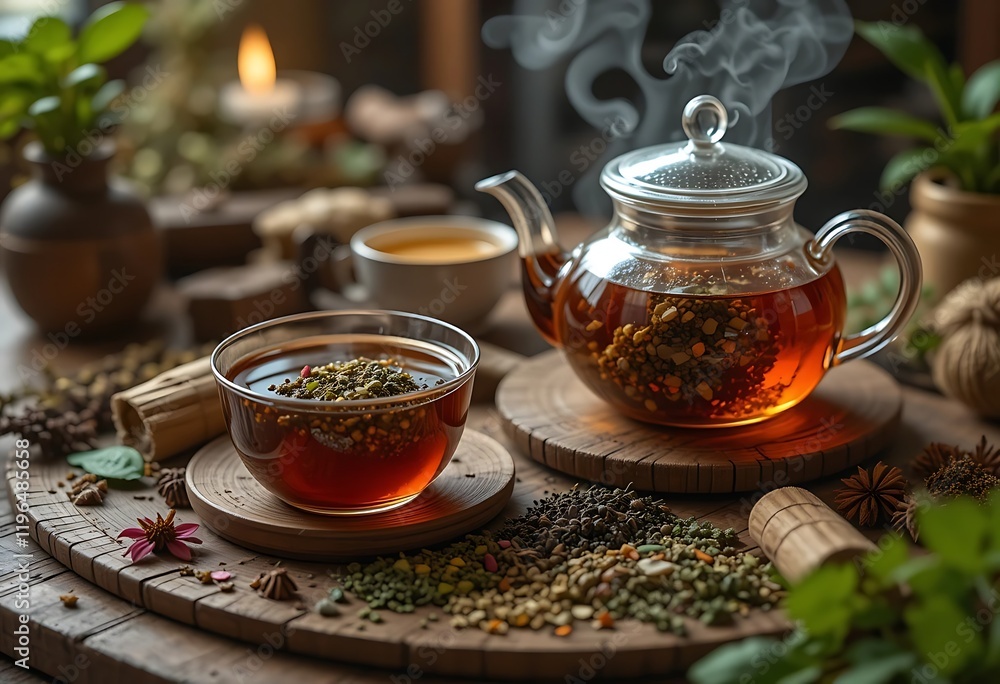 Aromatic Herbal Tea Brewing In Glass Teapot And Cup Aromatic Herbal Tea Brewing In Glass Teapot And Cup