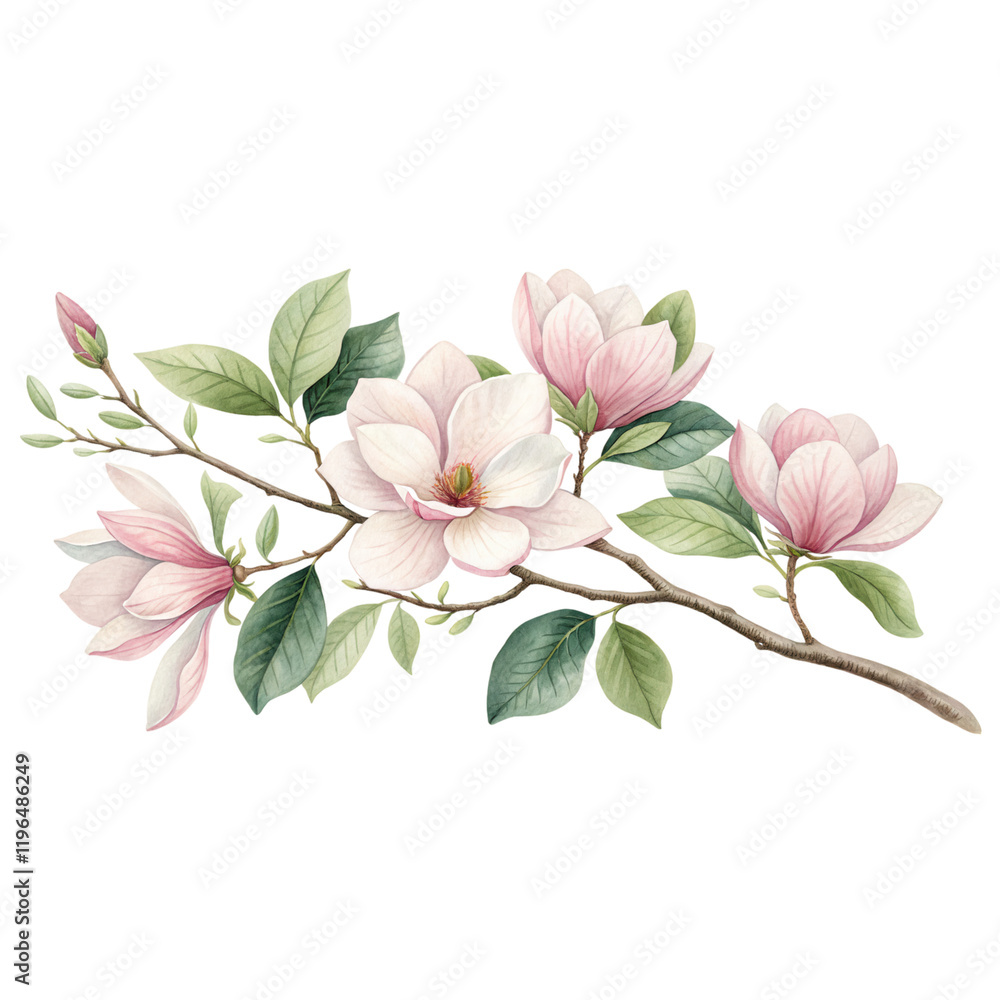 A delicate branch featuring pink magnolia flowers and green leaves, showcasing natural beauty and elegance. A delicate branch featuring pink magnolia flowers and green leaves, showcasing natural beauty and elegance.