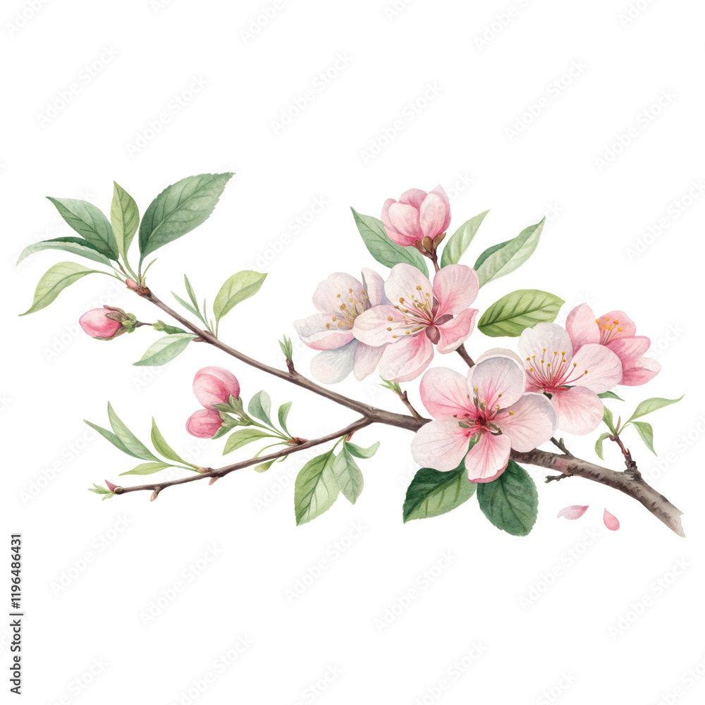 Fototapeta premium A delicate branch adorned with pink blossoms and lush green leaves, showcasing the beauty of spring.