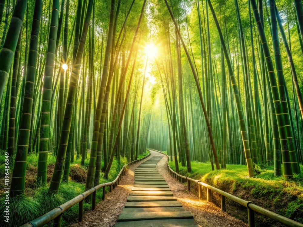 Obraz premium Serene Bamboo Forest Path: Lush Green Canopy, Peaceful Nature Scene, Asian Landscape Photography