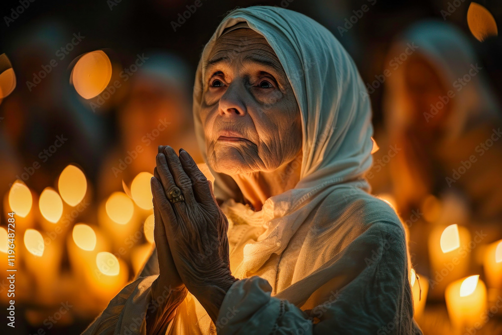 Elderly Nun Praying Amidst Candlelight in a Dark Room Elderly Nun Praying Amidst Candlelight in a Dark Room