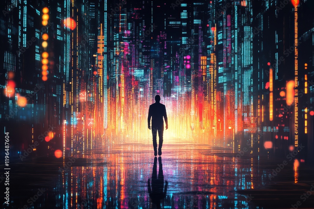 Silhouetted man walking towards vibrant digital cityscape at night. Silhouetted man walking towards vibrant digital cityscape at night.