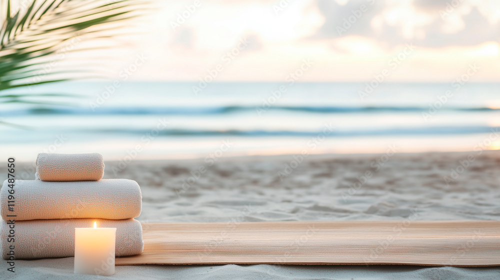 tranquil yoga retreat by the ocean at sunset, featuring soft mats arranged on a sandy beach. Ideal for promoting wellness, relaxation, mindfulness, and connection with nature. banner tranquil yoga retreat by the ocean at sunset, featuring soft mats arranged on a sandy beach. Ideal for promoting wellness, relaxation, mindfulness, and connection with nature. banner