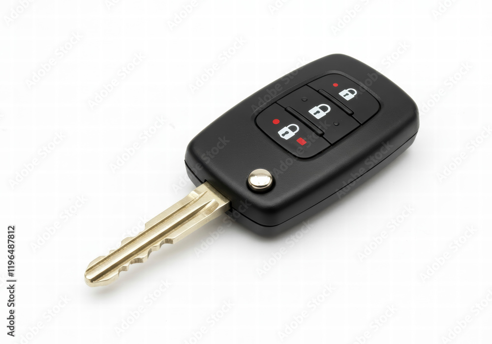 Modern car key with remote control isolated on white background, top view flat lay Modern car key with remote control isolated on white background, top view flat lay