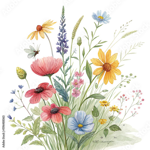 A vibrant arrangement of various flowers featuring daisies, poppies, and lavender, showcasing diverse colors and shapes.