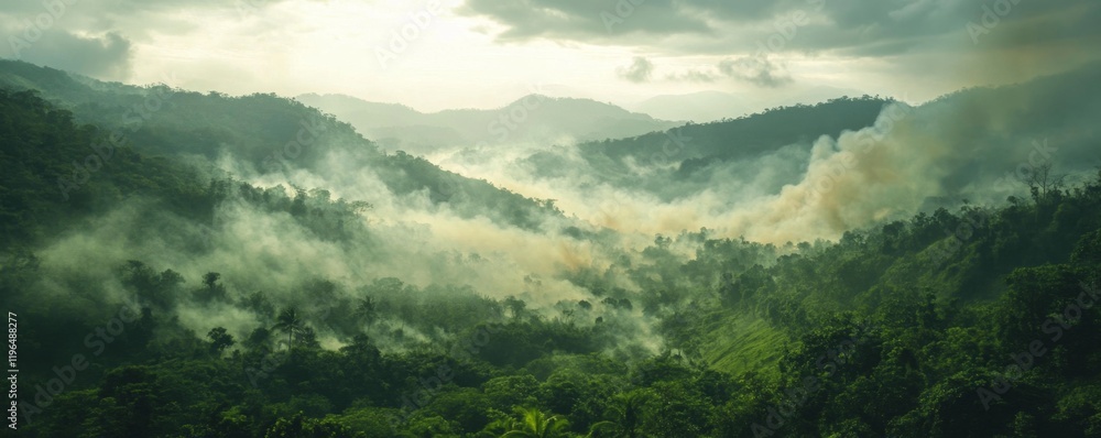 Obraz premium Serene Misty Landscape Over Lush Green Mountains in Soft Light