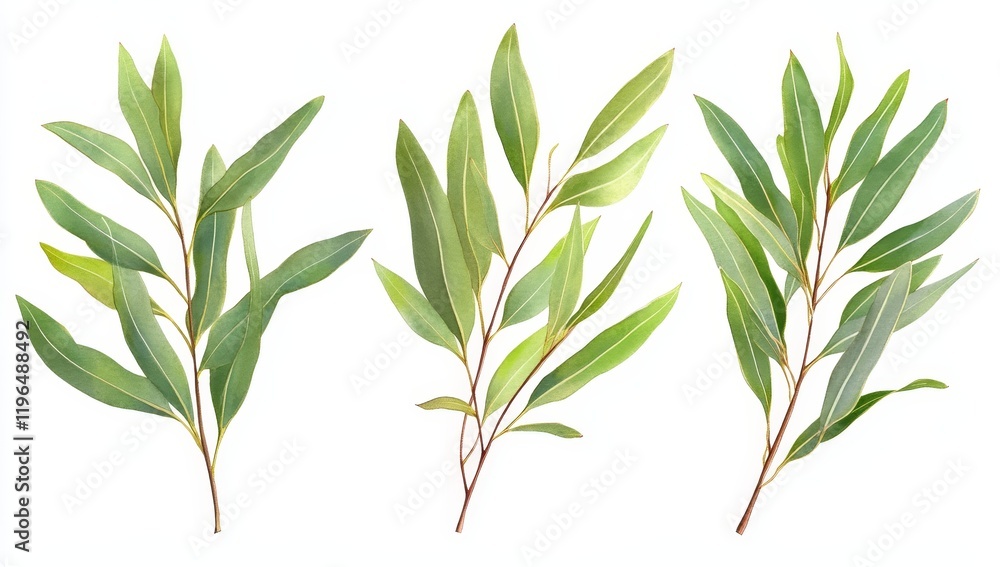Naklejka premium Three sprigs of eucalyptus leaves isolated on white background.