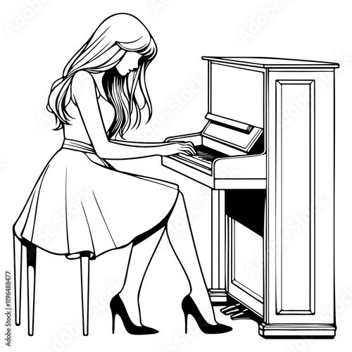Woman Play Piano Illustration.