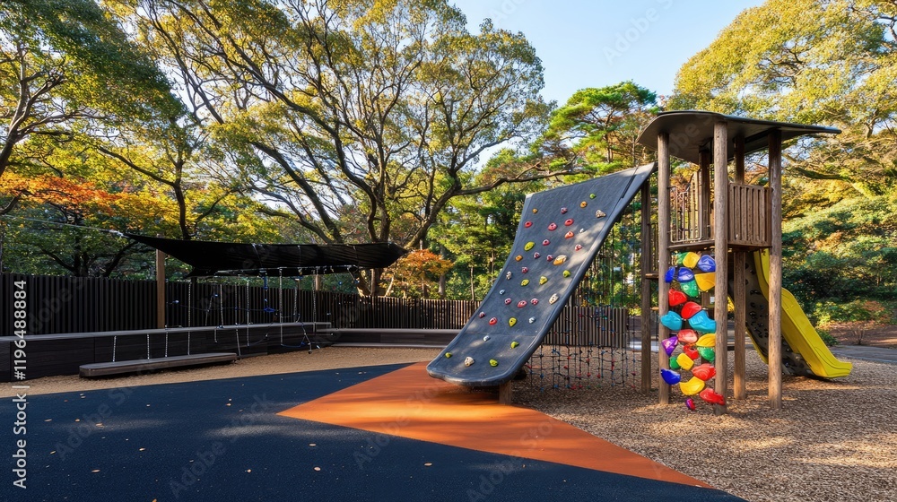 Modern Japanese playground designed for all ages with a climbing wall and shaded areas. Modern Japanese playground designed for all ages with a climbing wall and shaded areas.