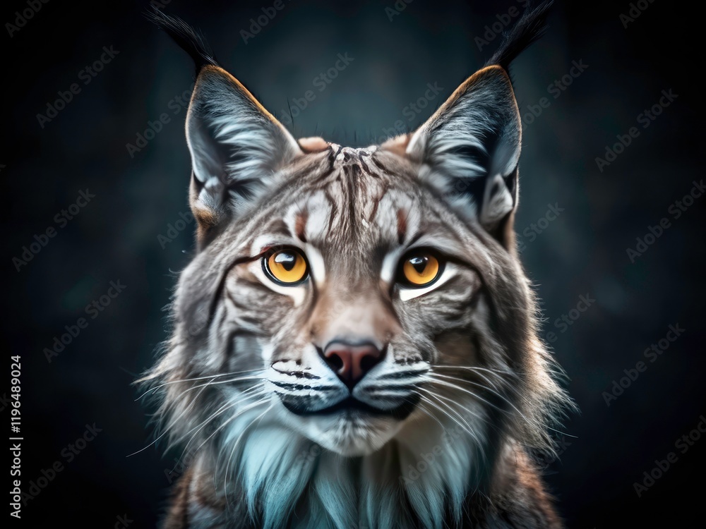 Fototapeta premium Sly Gray Lynx Portrait, Close-Up Wildcat Face, Dark Background, Predator Eyes, Feline Photography