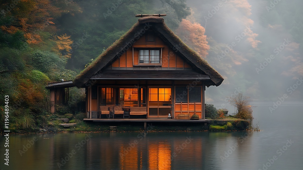 Fototapeta premium Illuminated Lakeside Thatched Roof Cottage Amidst Autumn Foliage