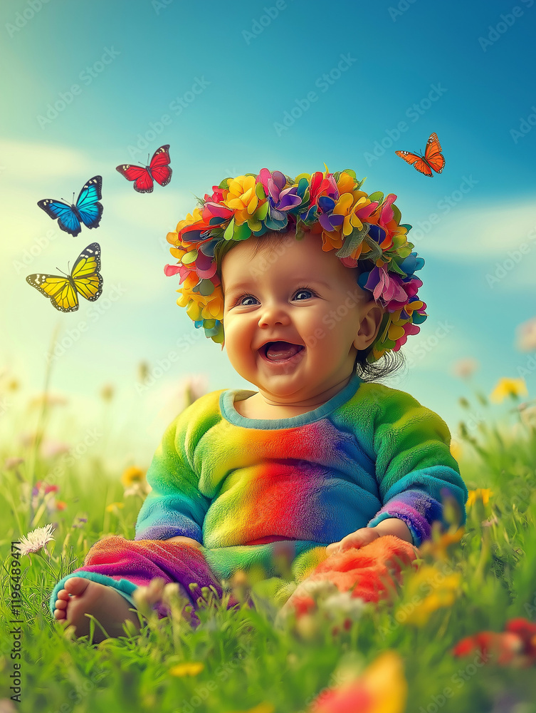 Fröhliches Baby in buntem Outfit mit Blumenkranz und Schmetterlingen
Fröhliches Baby in buntem Outfit mit Blumenkranz und Schmetterlingen