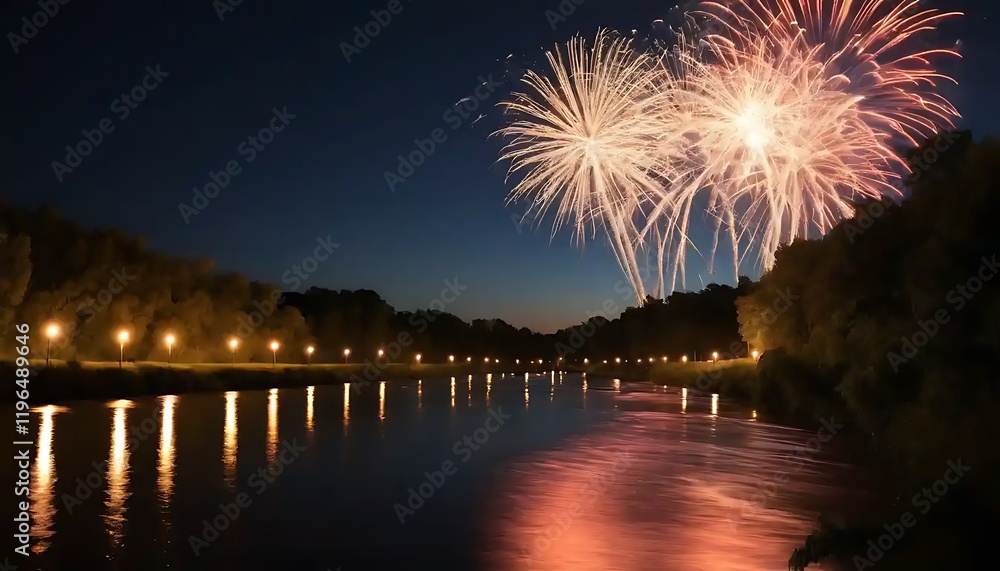 Fireworks Display Over River at Night Fireworks Display Over River at Night