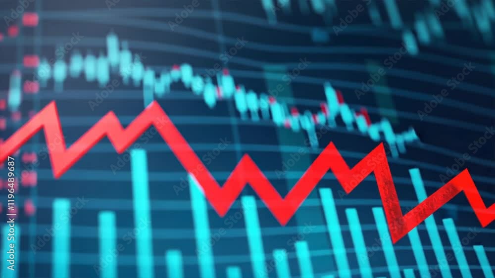 Red arrow pointing downward against declining stock market graph, economic downturn, bearish market, stock selloff Red arrow pointing downward against declining stock market graph, economic downturn, bearish market, stock selloff