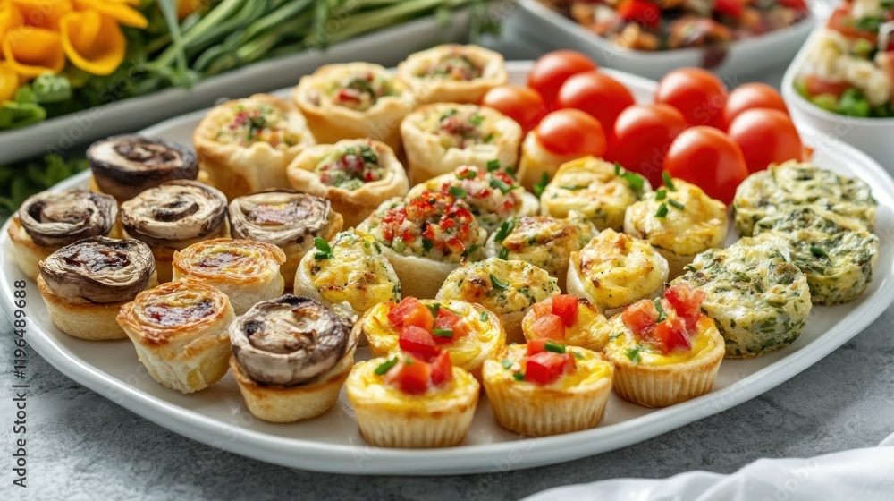 A delightful assortment of savory mini quiches and pastry appetizers, perfect for any gathering. A delightful assortment of savory mini quiches and pastry appetizers, perfect for any gathering.