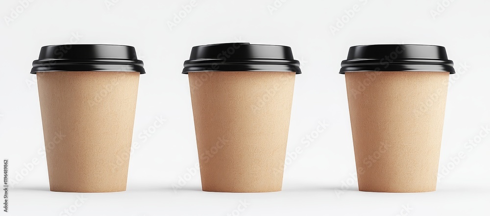 Three disposable paper cups with black lids on white background. Three disposable paper cups with black lids on white background.
