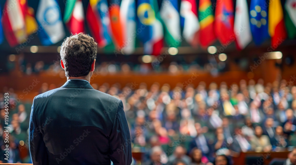 Male Politician Delivering a Speech at an International Conference Male Politician Delivering a Speech at an International Conference