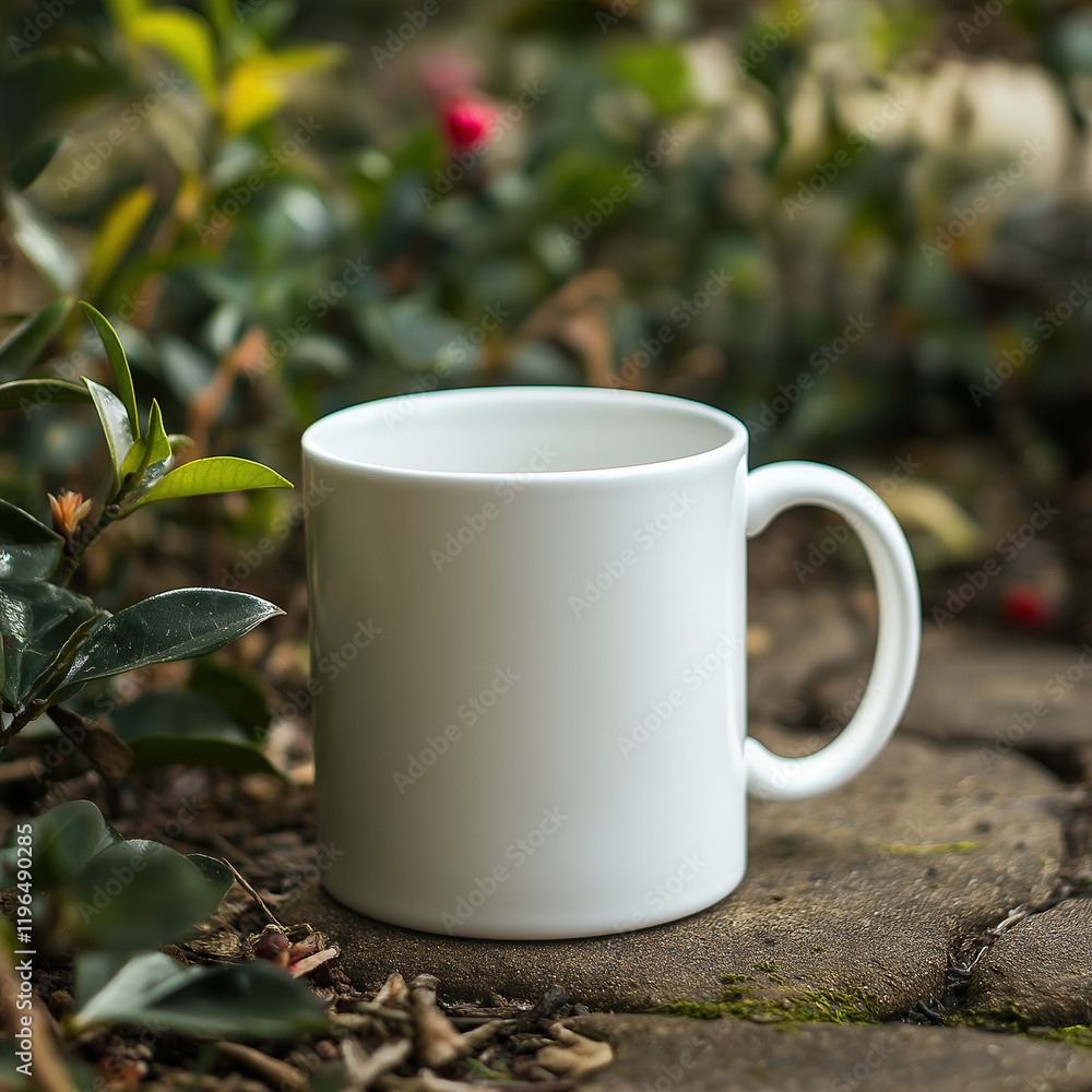 Obraz premium A blank white mug mockup with a garden in the background, perfect for adding text or graphics to create a personalized coffee mug. The cup is centered with no visible design on it,