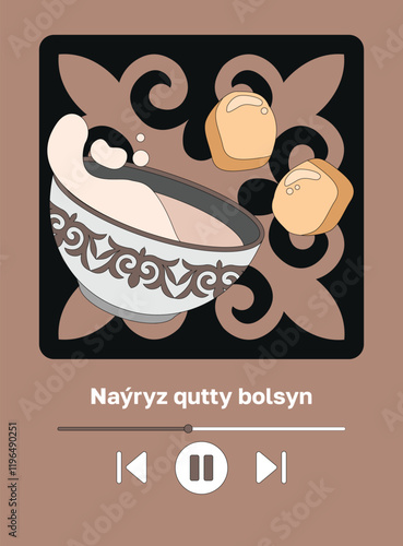 Kazakh text "Happy Nauryz day!" Spring equinox holiday in Kazakhstan. Dynamic still life with kazakh traditional bowl and baursaks. Flat vector illustration with musical player interface and ornament