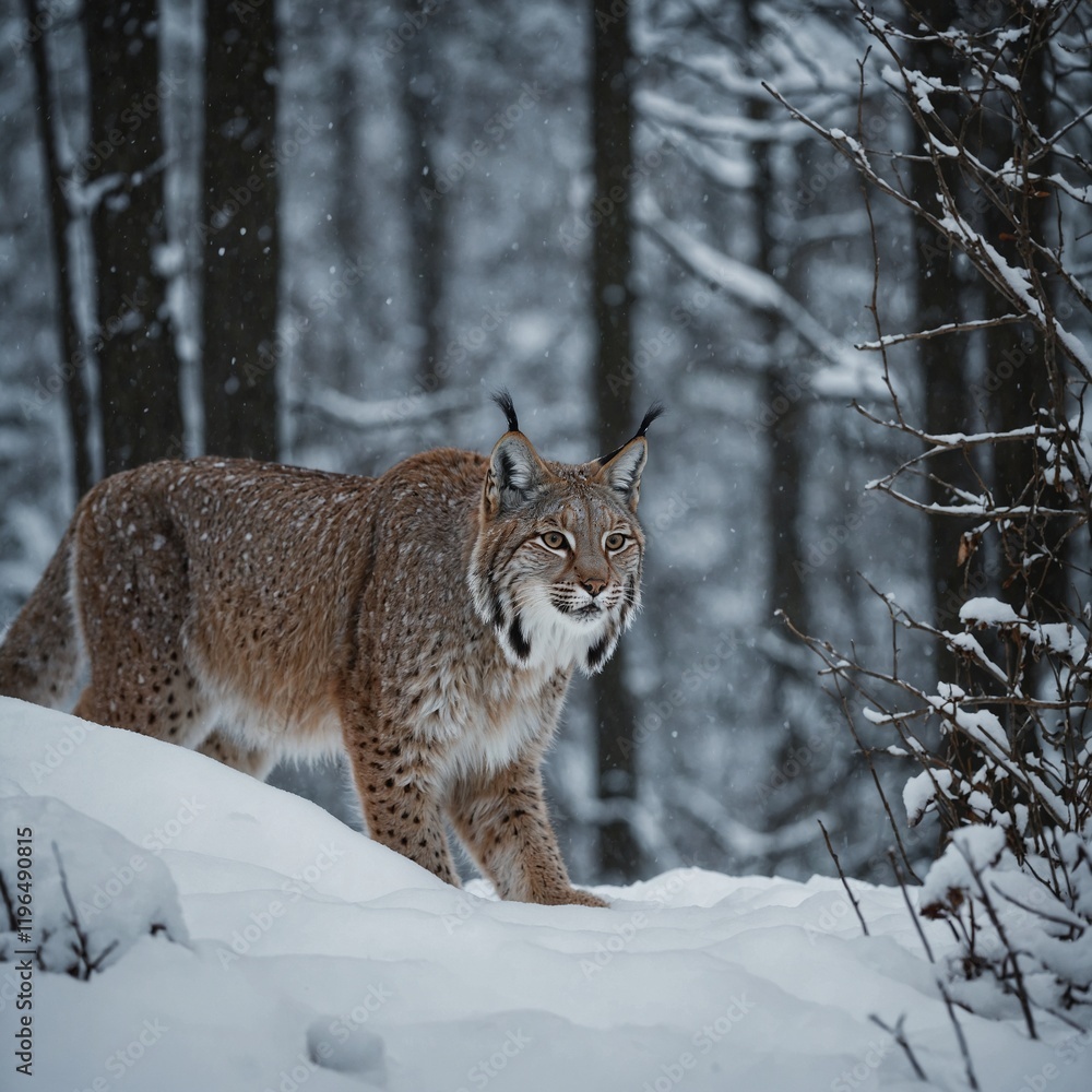 A lynx prowling through a dense snow-covered forest. A lynx prowling through a dense snow-covered forest.
