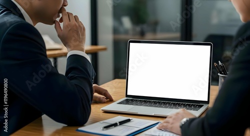 Business Professionals Discussing Work Tasks with Blank Laptop Screen Mockup in Modern Office Setting 19