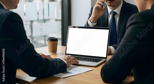 Business Professionals Discussing Work Tasks with Blank Laptop Screen Mockup in Modern Office Setting 18