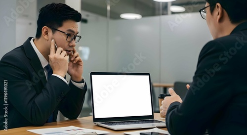 Business Professionals Discussing Work Tasks with Blank Laptop Screen Mockup in Modern Office Setting 13