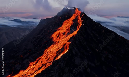 Closeup of a fiery volcanic eruption with glowing lava, molten rock, and intense flames. Perfect for nature, geology, and dramatic cinematic projects. photo