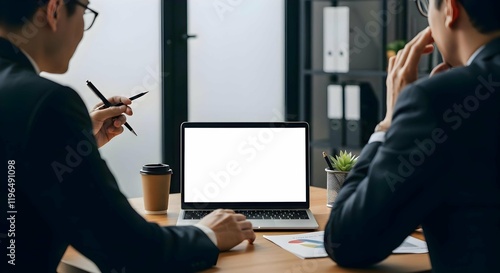 Business Professionals Discussing Work Tasks with Blank Laptop Screen Mockup in Modern Office Setting 11